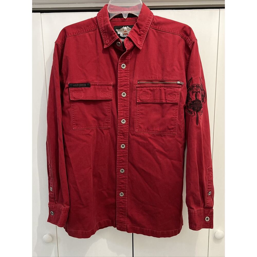 Harley Davidson M Long-Sleeve Button Up RED Metal Buttons Zipper Pocket SPELLOUT